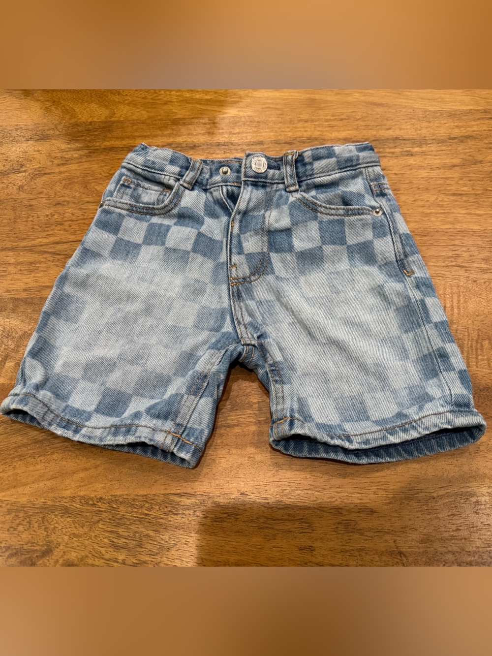 Zara Light Blue Checkerboard Denim Shorts